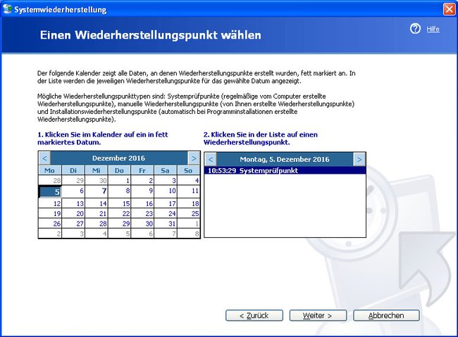 Wählt einen fett angezeigten Tag im Kalender aus, auf den Windows XP zurückgesetzt werden soll.