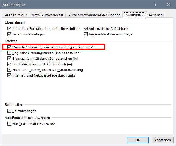 Im Tab "AutoFormat" gibt es die Einstellung nochmal.