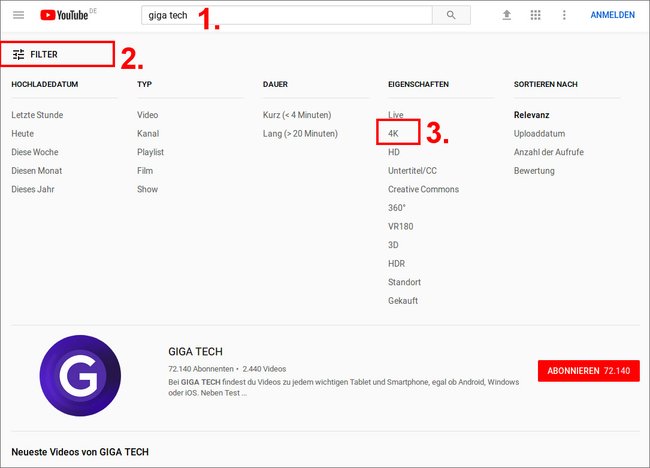 In der Suchleiste filtert ihr gezielt nach 4K-Videos.