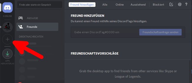 Mit dem Plus-Symbol erstellt ihr einen neuen Discord-Server.