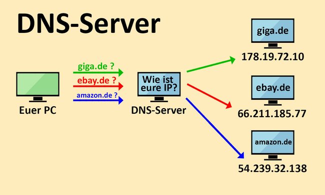 Der DNS-Server findet heraus, welche IP-Adressen hinter den Internetadressen angefragt werden müssen.