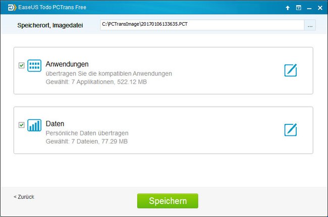 Wählt hier Speicherort, Anwendungen und eure Daten aus.
