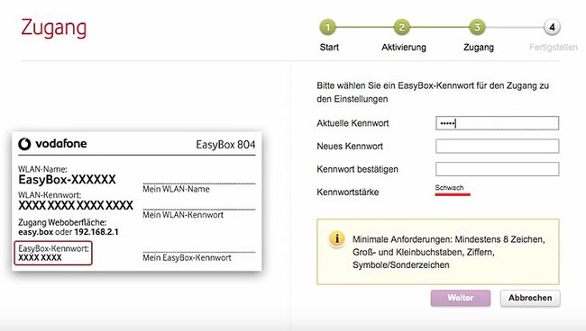 Hier gebt ihr das voreingestellte Standard-Passwort der Easybox ein. Bildquelle: Vodafone