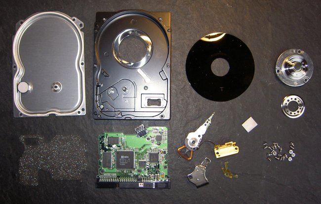 Eine Festplatte ist gar nicht so kompliziert und besteht (mittlerweile) aus relativ wenig Komponenten. Bildquelle: Wikipedia