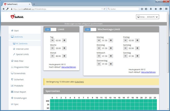 Auf dem Salfeld-Portal stellt ihr Funktionen wie Zeitlimit, E-Mail-Report, Programm- und Webseiten-Filter ein.