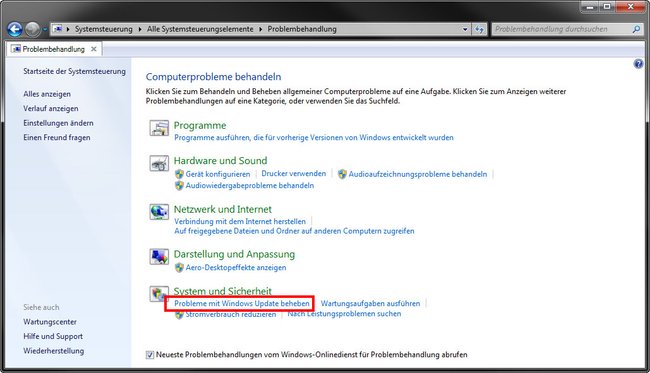 Klickt hier um Probleme mit Windows-Update zu beheben.