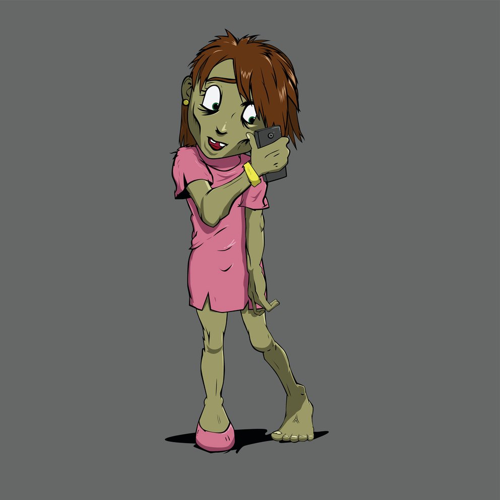 anxious female zombie staring at her cellphone