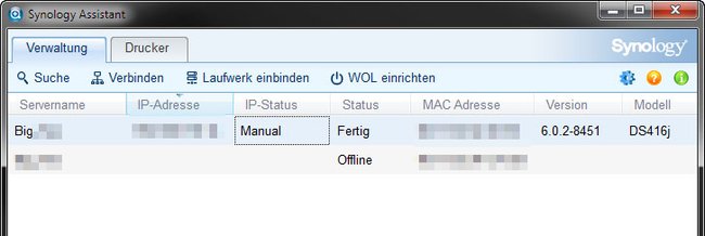 Synology Assistant: Klickt doppelt auf das gefundene NAS, um euch dort anzumelden.