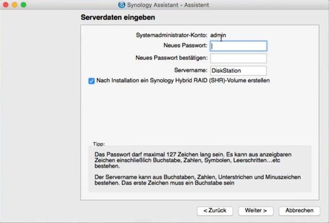 Vergebt hier ein Admin-Passwort und den NAS-Namen.