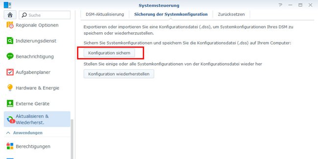 Hier sichert ihr die Systemeinstellungen des vorigen NAS, um sie später zu übertragen. (Bildquelle: GIGA)