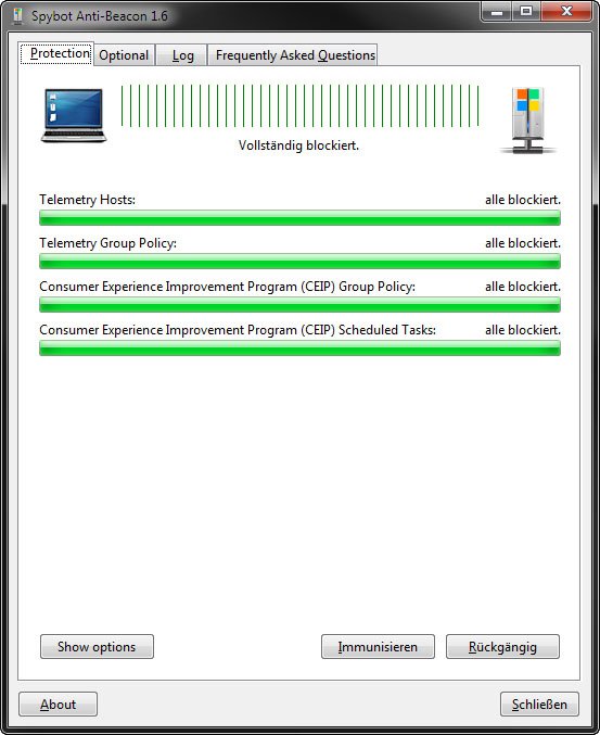 Spybot Anti-Beacon blockiert Telemetrie-Dienste in Windows 10.