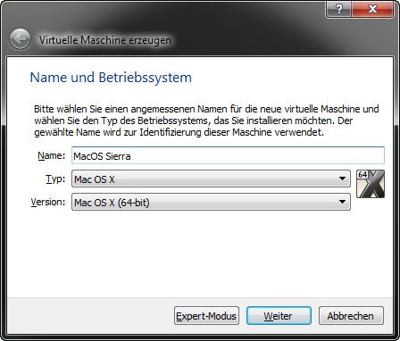 Nun wird die virtuelle Maschine für Mac OS Sierra erstellt.