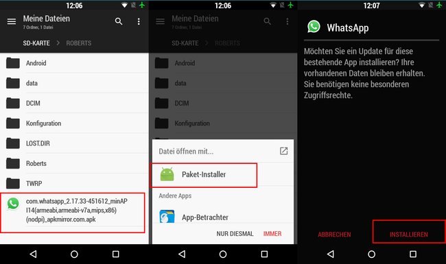 Beispiel: So installiert ihr die App WhatsApp per APK-Datei.