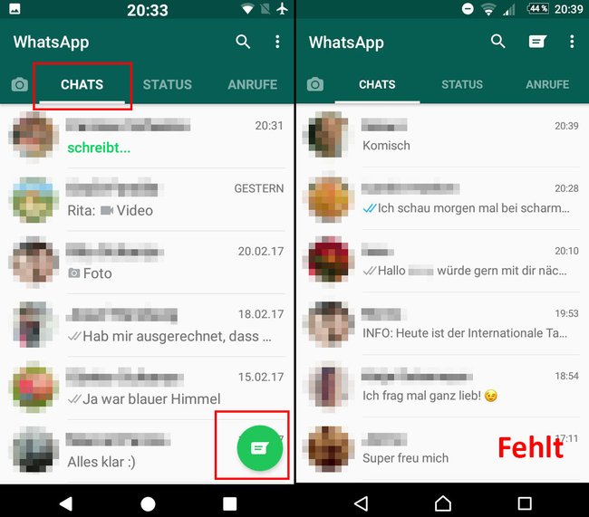WhatsApp-Inkonsistenz: Nach dem "Status-Update" können einige Nutzer nicht mehr ihre Kontakte abrufen. Das nötige Symbol fehlt bzw. wird nicht gefunden. Im rechten Bild ist es oben rechts in der Leiste "versteckt".