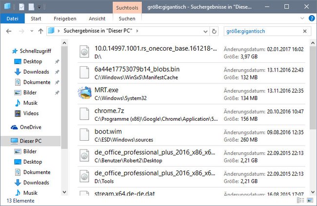 Windows 10 findet nun alle großen Dateien und zeigt sie mit Speicherort an.