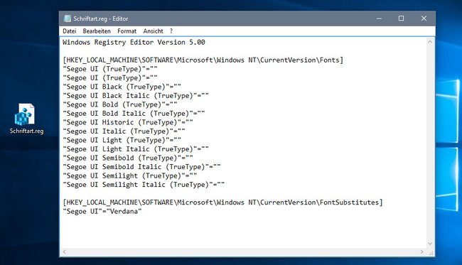 Windows 10: Der Text ist als REG-Datei gespeichert mit Infos zur Standardschriftart.