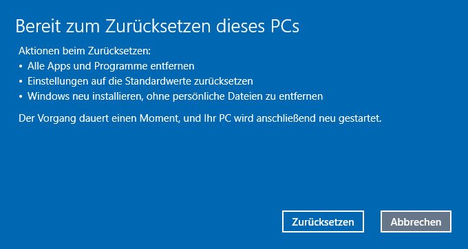 Windows 10 zeigt an, was beim Zurücksetzen alles passiert.