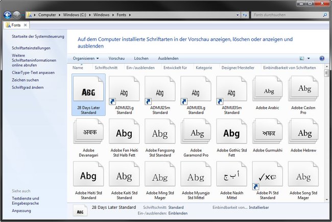 Der Schriftarten Ordner befindet sich unter C:\Windows\Fonts.