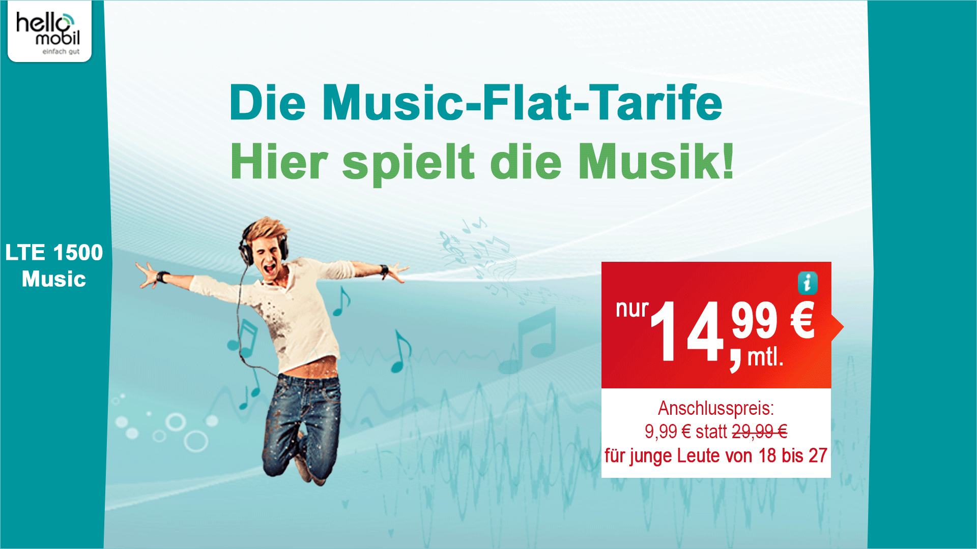 helloMobil Music-Flat-Tarife: 1,5 GB LTE, Allnet- & SMS-Flat + Napster Music-Flat für 14,99 € pro Monat