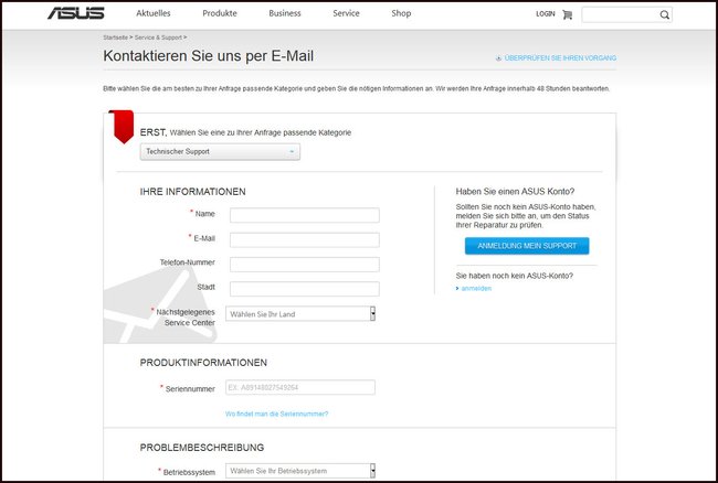 Klickt auf das Bild, um zum ASUS-Kontaktformular weitergeleitet zu werden.