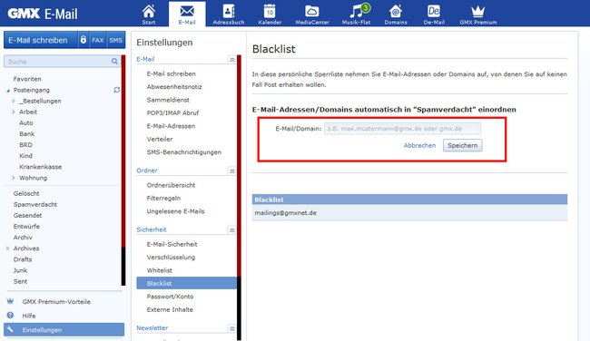 Hier könnt ihr einen E-Mail-Absender auf die schwarze Liste senden, um ihn zu blockieren.