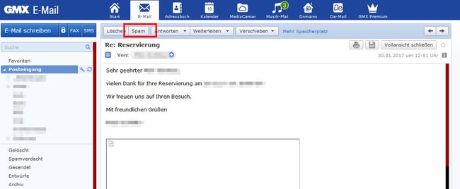GMX: Klickt hier, um die E-Mail als Spam zu markieren.