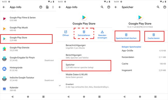 So könnt ihr den Cache und den Speicherinhalt des „Google Play Store“ löschen. Bild: GIGA