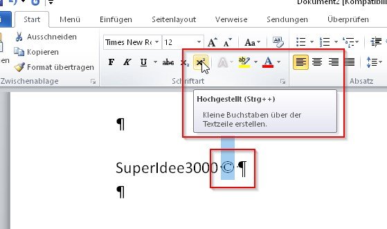 hoch2-zeichen-word
