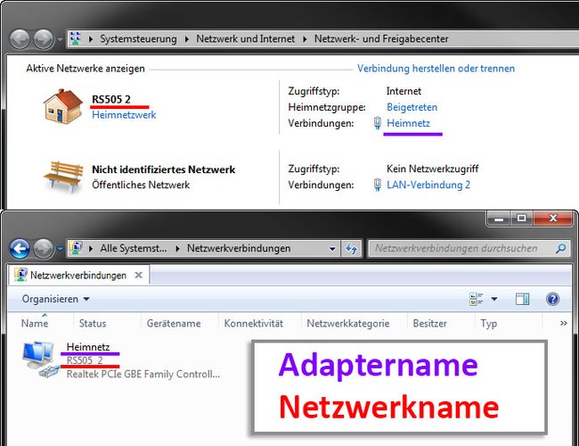 Der Netzwerkname ist rot unterstrichen und lässt sich ab Windows 10 nur per Registry ändern.