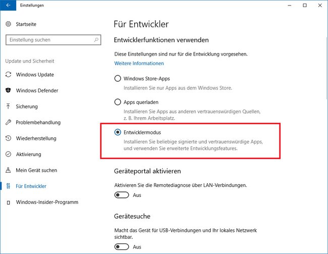 Hier aktiviert oder deaktiviert ihr den Entwicklermodus in Windows 10.