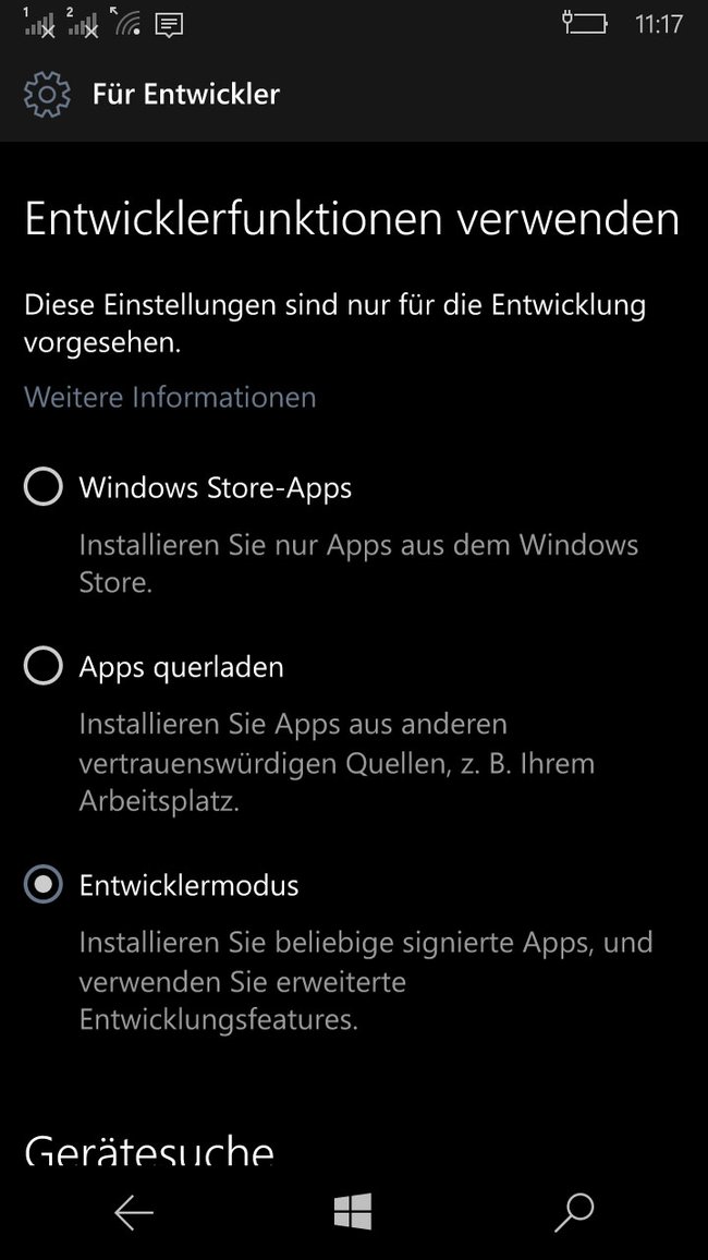 Hier aktiviert ihr den Entwicklermodus auf Windows Phones.