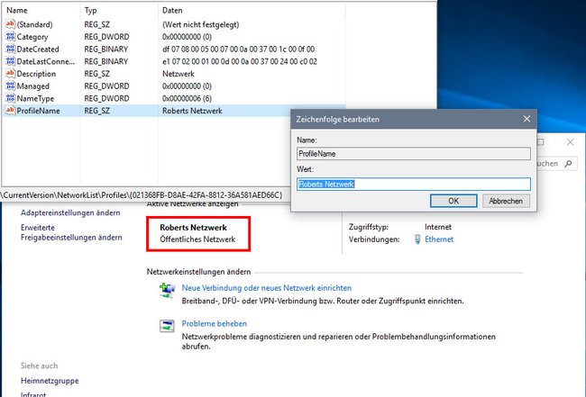 Beispiel: Hier wurde der Netzwerkname in "Roberts Netzwerk" geändert.