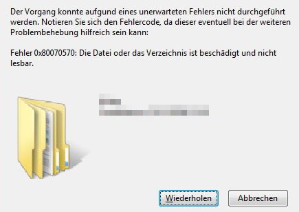 Fehler 0x80070570 beim Kopieren in Windows.