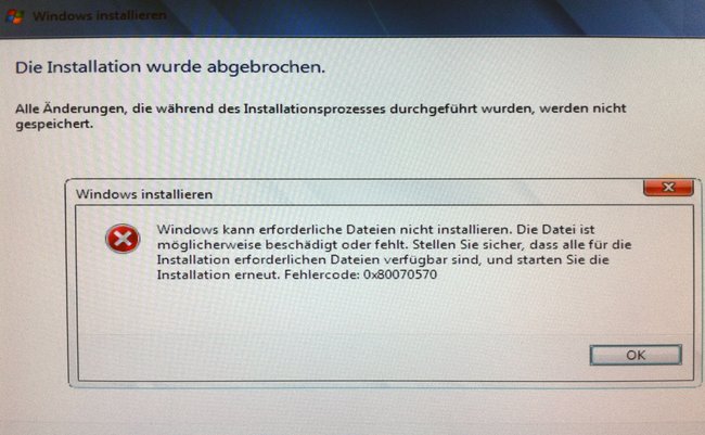 Fehlercode 0x80070570 bei einer Windows-Installation.