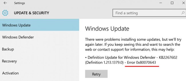 Das Windows-Defender-Update macht Probleme.