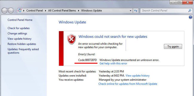 Windows-Update: Der Fehler 0x80072efd.
