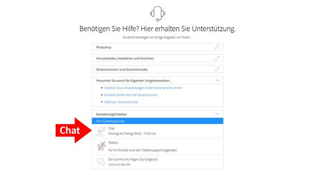 Adobe: Hier könnt ihr den Chat mit einem Support-Mitarbeiter starten.