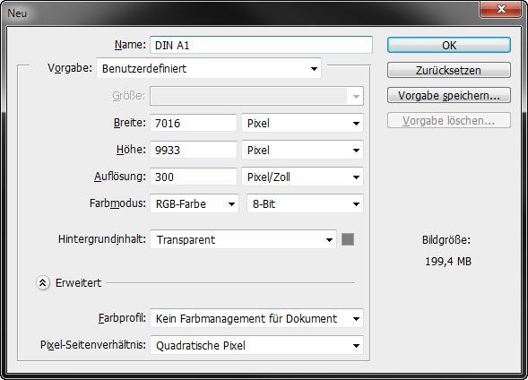 Pixelmaße: So erstellt ihr ein DIN-A1-Dokument mit 300 DPI in Photoshop.