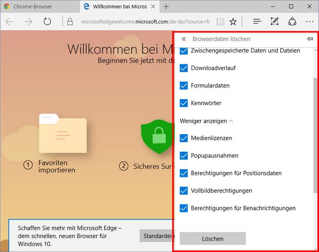 Edge: Klickt hier, um alle Daten zu löschen.