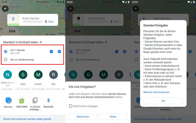 Stellt die Dauer ein und teilt euren Standort direkt per Kontakt oder per App. (Bildquelle: GIGA)