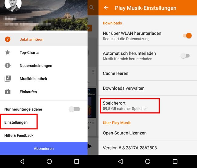Google Play Music: Hier könnt ihr den Speicherort der heruntergeladenen MP3-Dateien einstellen.