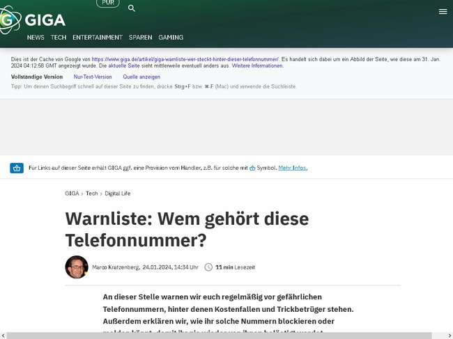 Screenshot einer Seite aus dem Google-Cache, oben ist der Infokasten zu sehen, unten der gespeicherte Inhalt der Vorversion dieser Seite.