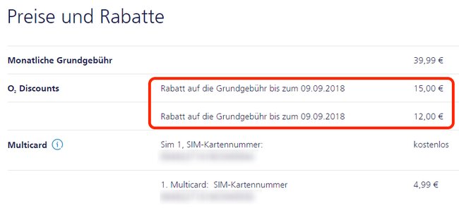 Screenshot aus  Vertragsdetails bei O2, der zeitlich rabattierte Vertragsbedingungen zeigt