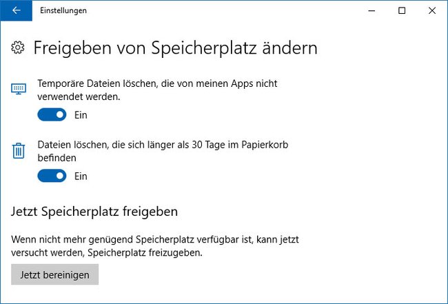 Windows 10 kann automatisch nicht benötigte Dateien löschen.
