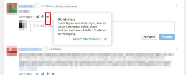 YouTube-Kommentare: Hier seht ihr das Herz neben dem Like-Button.