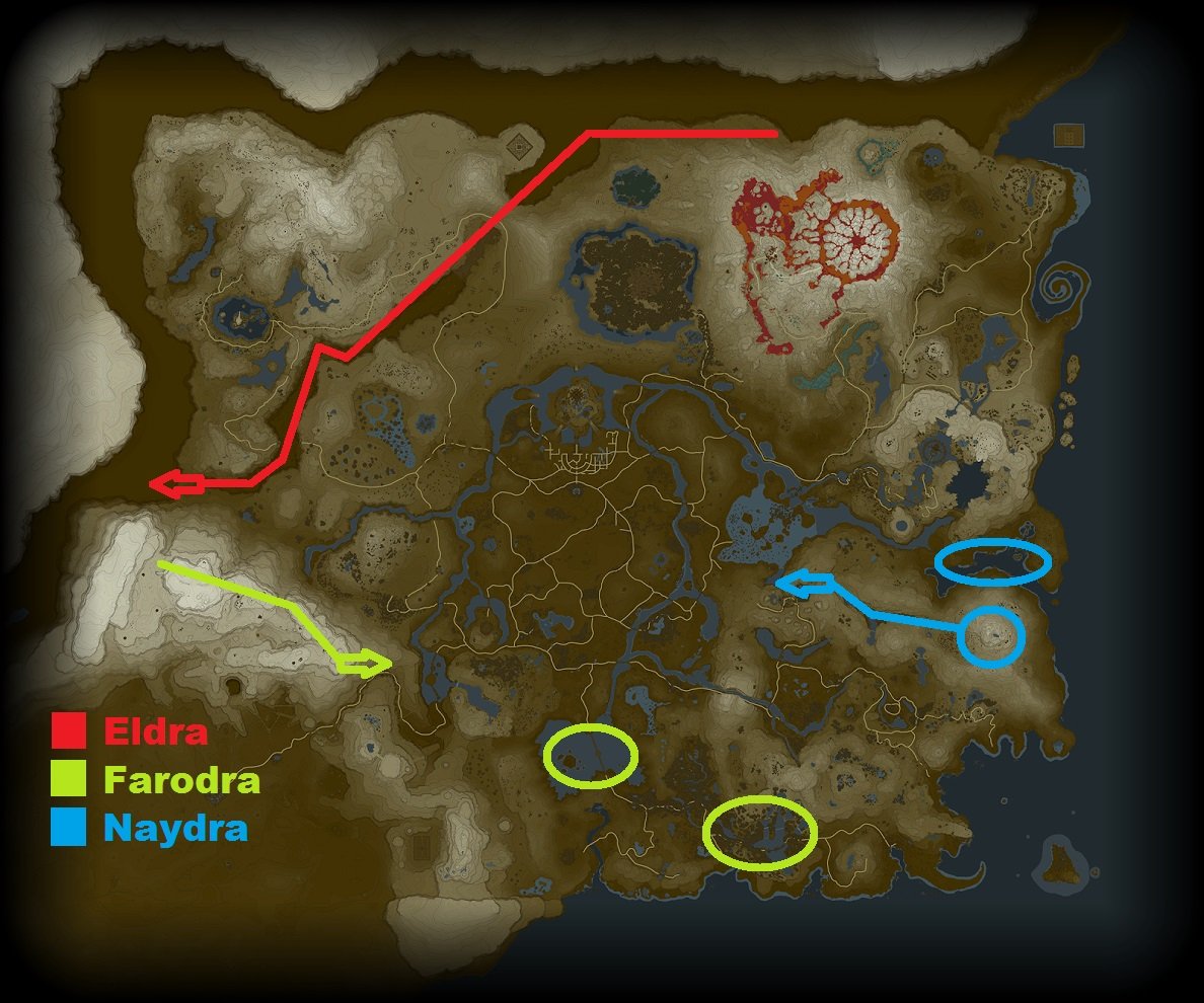 Zelda - Breath of the Wild: Drachen Eldra, Naydra und Farodra - Fundorte  auf der Karte