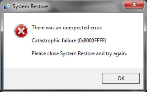 Der Fehler 0x8000ffff während einer Systemwiederherstellung.