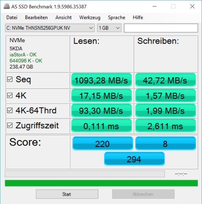 AS SSD kann die NVMe-SSD nicht richtig auslesen