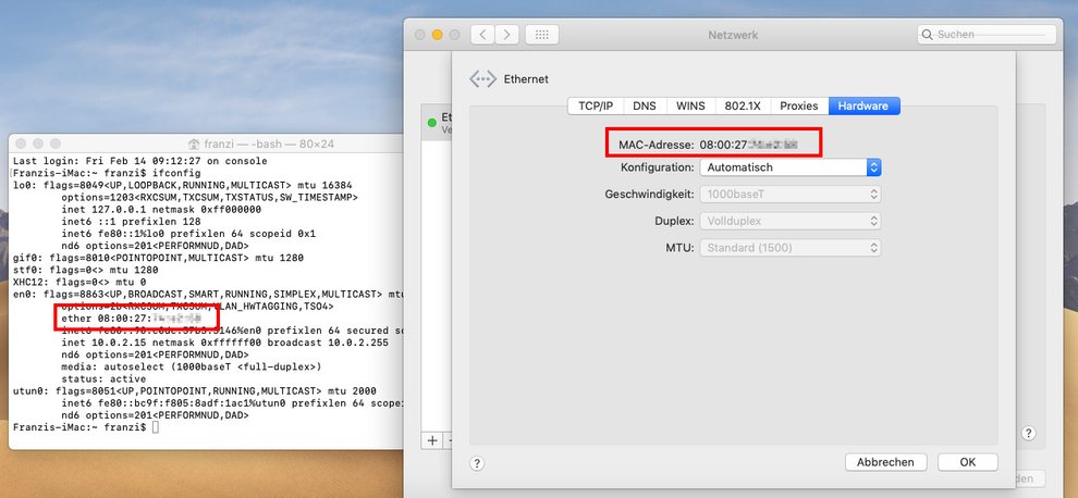 Der Mac zeigt die MAC-Adresse im Terminal oder auch in den Netzwerk-Einstellungen an. Bild: GIGA
