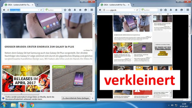 Hier haben wir die Anzeige der Webseite (rechts) deutlich verkleinert.